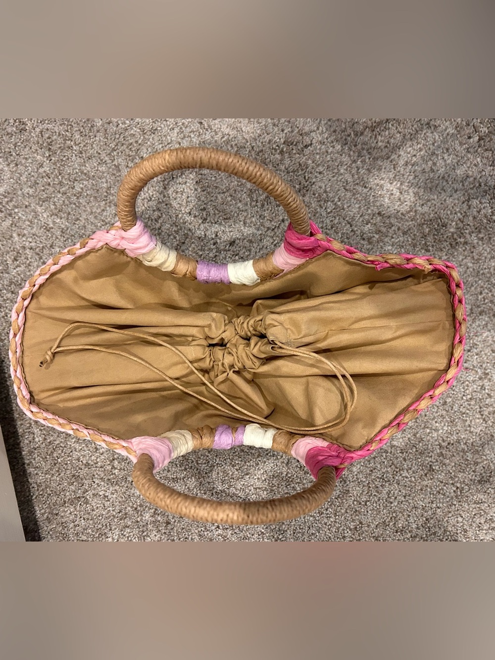 Handwoven Multicolor Straw Tote - Pink, Purple, Cream & Brown - Picture 4 of 4